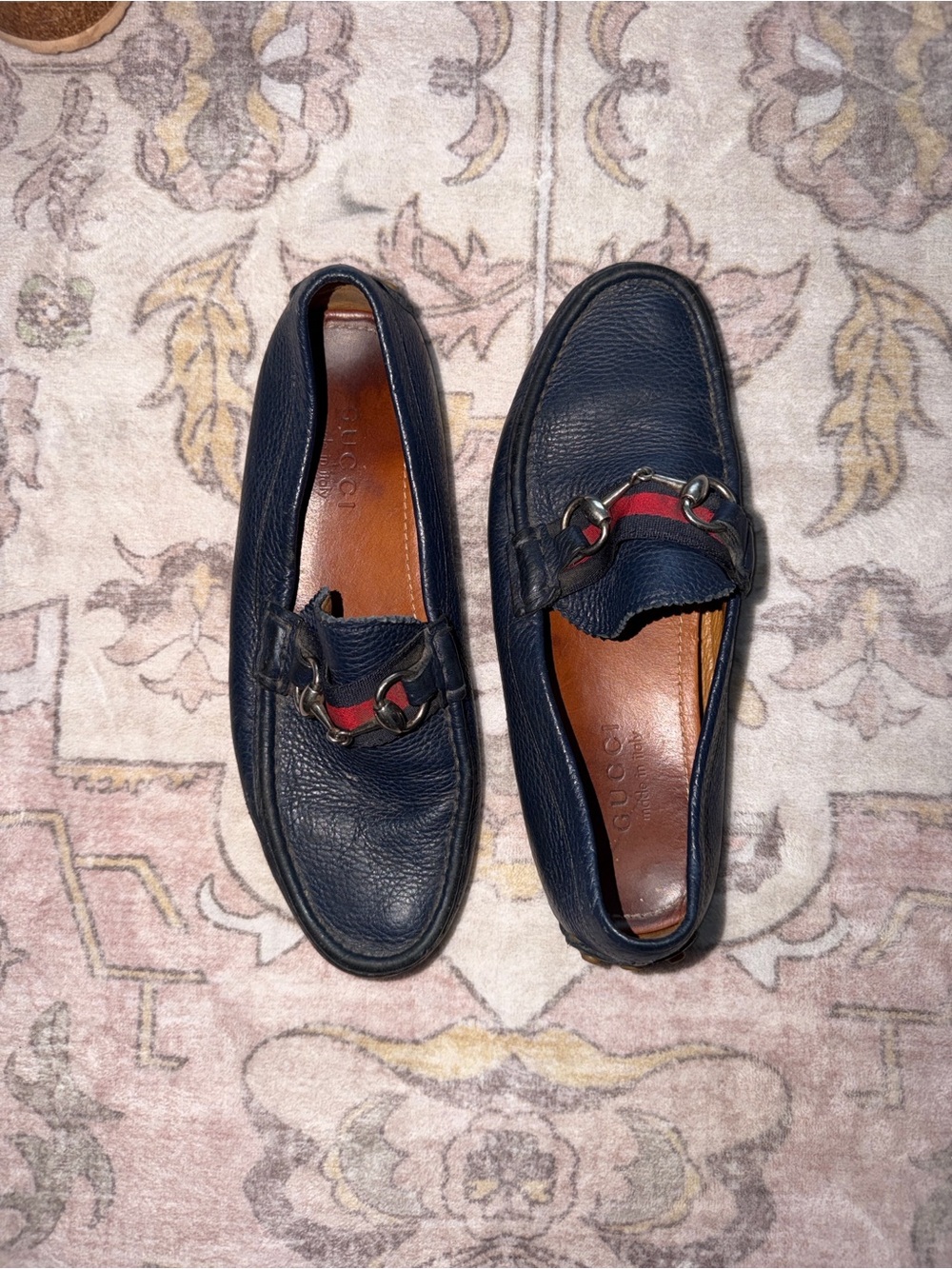 Gucci Navy Leather Horsebit Loafers with Red-Web Accent